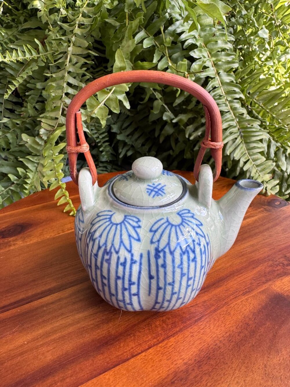 Vintage Arita Ware Teapot, Bamboo Celadon Porcelain Kyusu with Wooden Handle